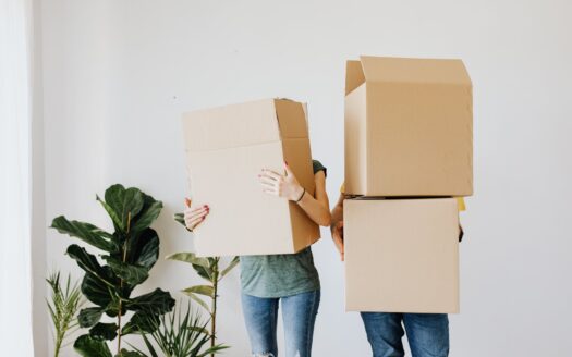 couple carrying cardboard boxes in living room