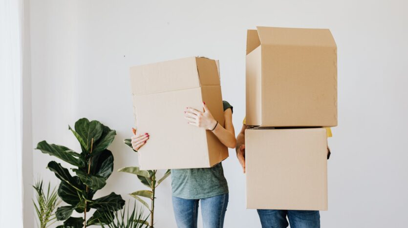 couple carrying cardboard boxes in living room