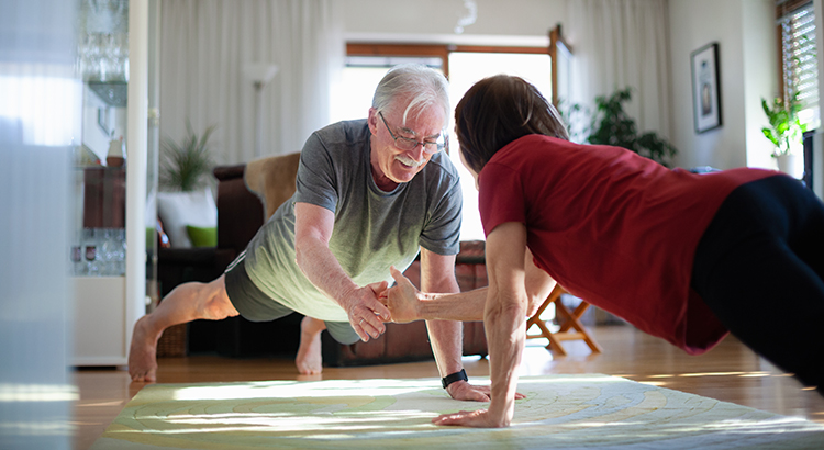 Senior couple staying home and staying fit during COVID-19 lockdown
