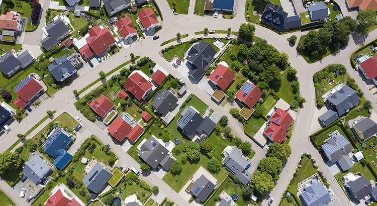 Aerial view of modern housing development.