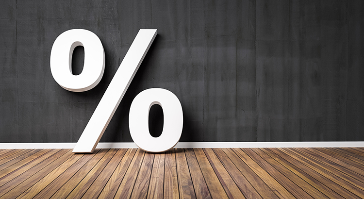 White Percent Sign on Brown Wooden Floor Against black Wall - Sale Concept - 3D Illustration