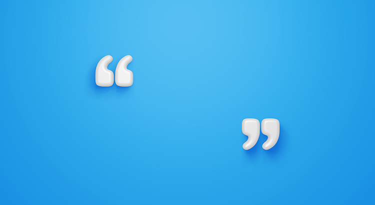 Minimal two quotes symbol on blue background. 3d rendering.