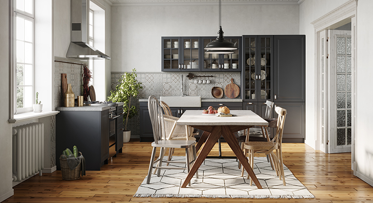 Digitally generated image of a dining room area design with wooden table and chairs. Small kitchen with dining area in 3D rendering.