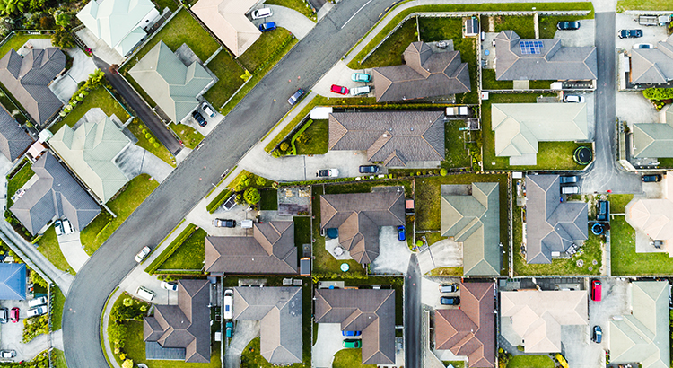 Overhead view of well designed homes in Upper Hutt area of Wellington, New Zealand.