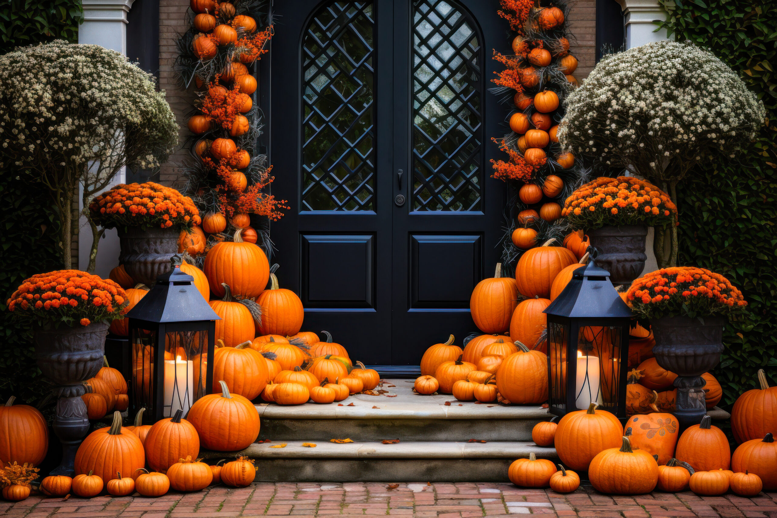 Fall pumpkins, flowers and lanterns on front porch, Halloween exterior home decor, seasonal decorations