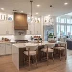 Kitchen and dining area in a David Weekley Homes model at Furst Ranch, featuring a large island, wood vent hood, pendant lighting, and open-concept layout near Flower Mound and Bartonville, TX.