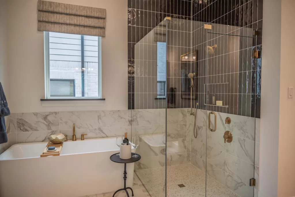 Primary Bath in a David Weekley Homes model at Furst Ranch