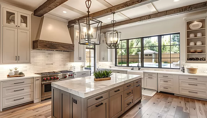 Traditional kitchen in beautiful new luxury home with hardwood floors, wood beams, and large island quartz counters. Includes farmhouse sink, elegant pendant lights, and large windows